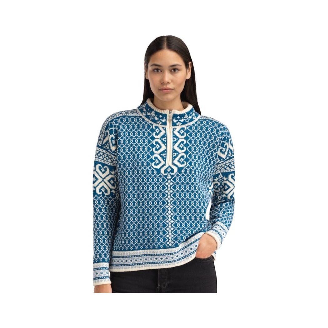 A front view of the Dale Of Norway Leknes Fem Sweater-SAMPLE in ArcticBlueOffWh, showing the pattern and model wearing it against a white background.