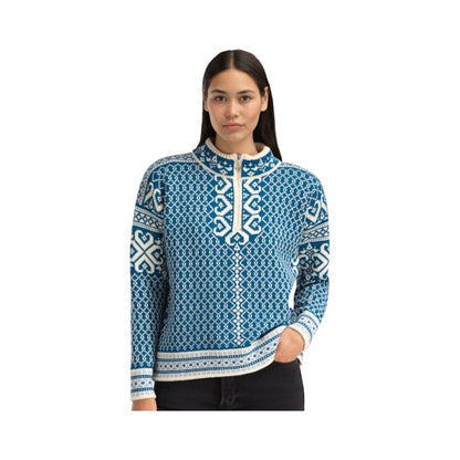 A front view of the Dale Of Norway Leknes Fem Sweater-SAMPLE in ArcticBlueOffWh, showing the pattern and model wearing it against a white background.