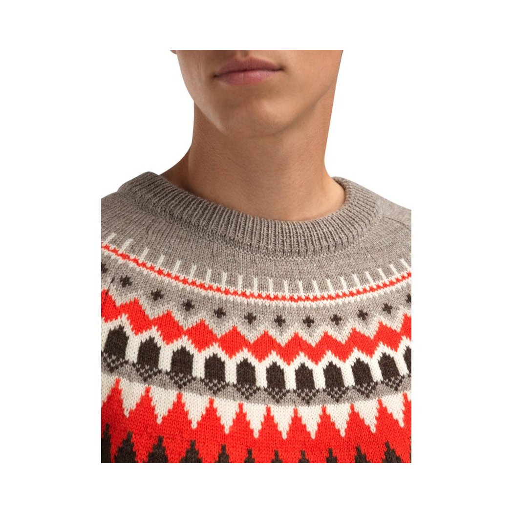 A close-up of the Dale Of Norway Losna Masc. Sweater-SAMPLE in BirchVanCoffee, showing the pattern and a model wearing it.