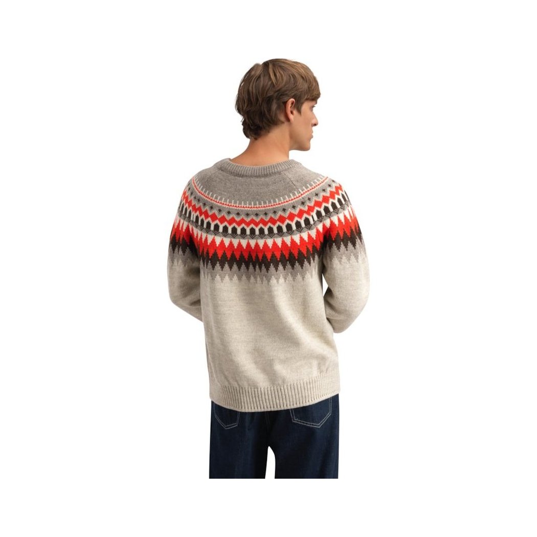 Back view of the Dale Of Norway Losna Masc. Sweater-SAMPLE in BirchVanCoffee on a model wearing dark jeans against a white background.