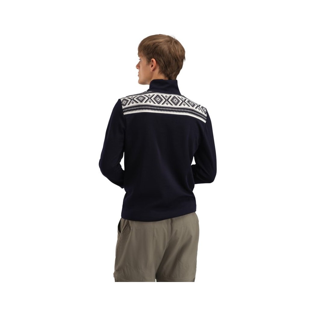Back view of the Dale Of Norway Men's Cortina Basic Sweater-SAMPLE in Navy showing the patterned yoke against a white background.