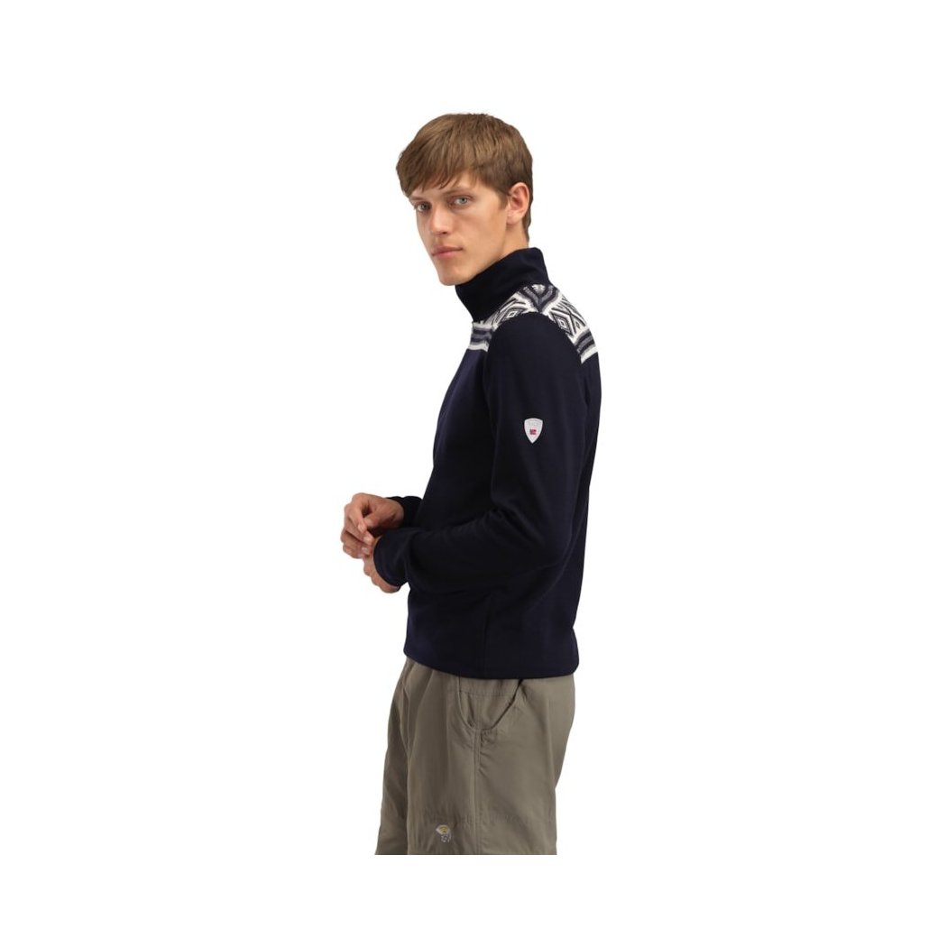 Side view of the Dale Of Norway Men's Cortina Basic Sweater-SAMPLE in Navy showing the patterned shoulder detail against a white background.