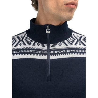 A close-up of the Dale Of Norway Men's Cortina Basic Sweater in Navy Off White, showing the high collar and patterned yoke against a white background.