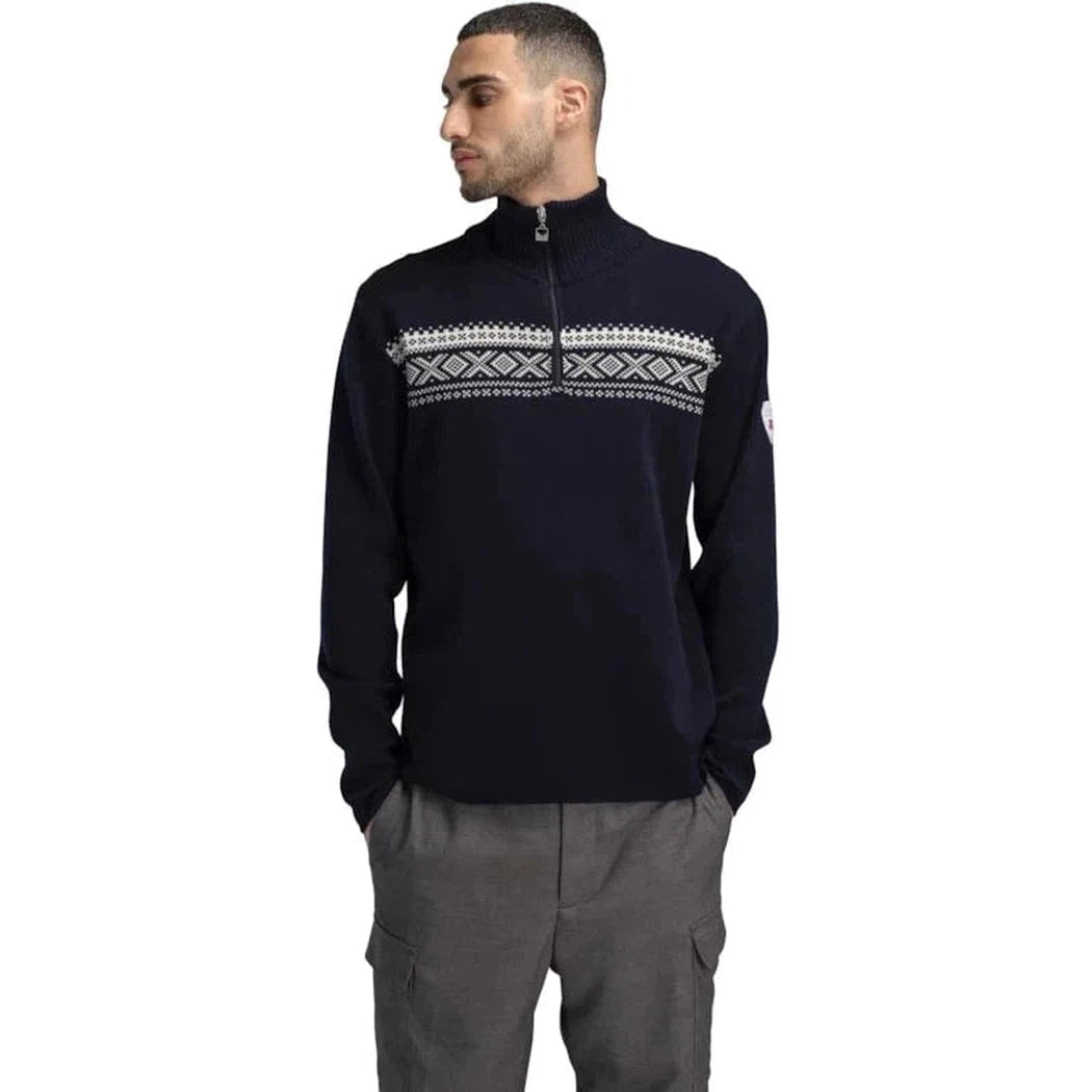 Side view of the Dale Of Norway Men's Dalestølen Sweater in Navy Offwhite with a patterned chest stripe and a half-zip collar, model wearing it against a plain white background.