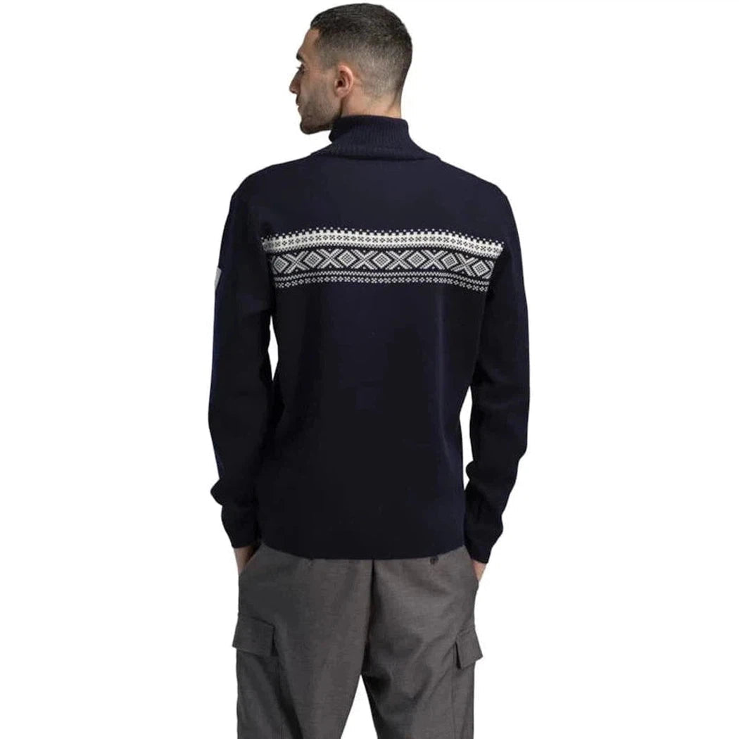 Back view of the Dale Of Norway Men's Dalestølen Sweater in Navy Offwhite showing the patterned back panel against a white background.