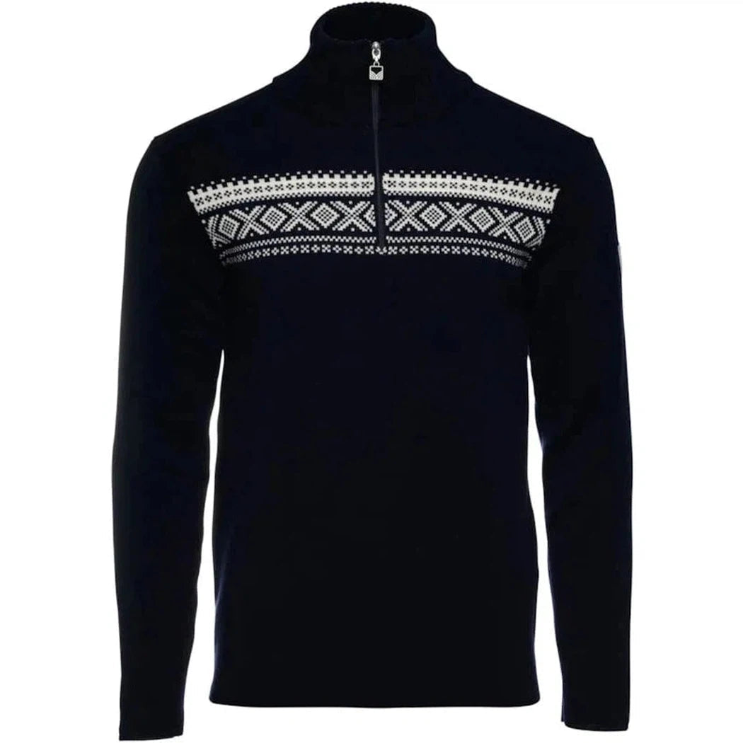 A front view of the Dale Of Norway Men's Dalestølen Sweater in Navy Offwhite with a half-zip and patterned chest panel against a white background.