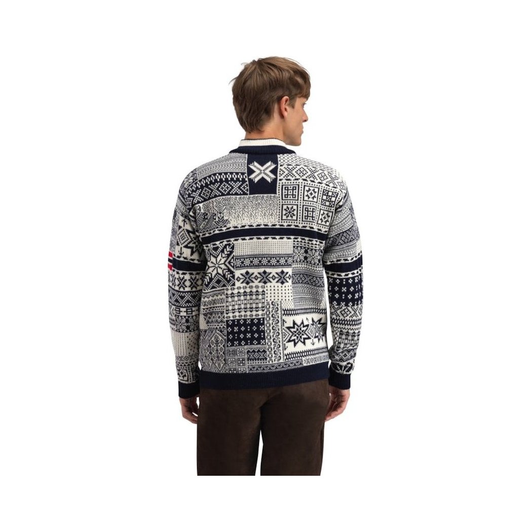 Back view of the Dale Of Norway Mens History Sweater-SAMPLE in Nvy showing the patterned back against a white background.