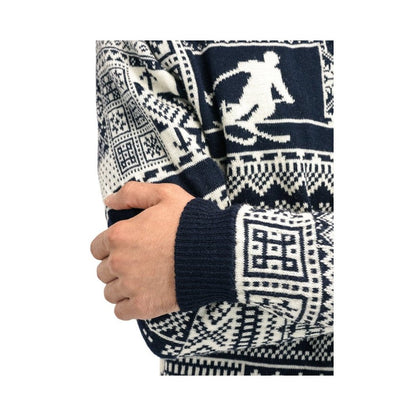 A close-up of the Dale Of Norway Mens History Sweater-SAMPLE in Nvy, showing a hand on the sleeve and a skier graphic on the chest.