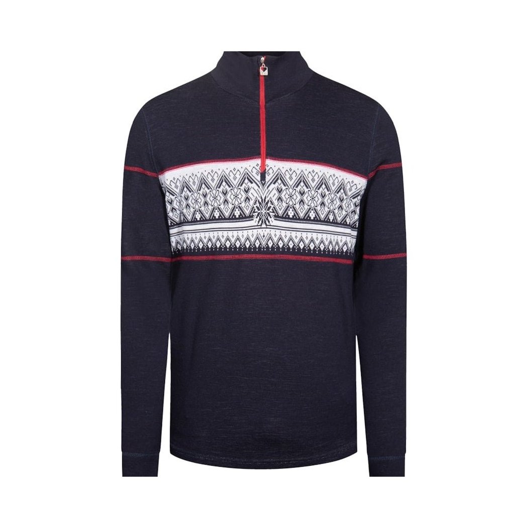 A front view of the Dale Of Norway Moritz Masc Basic Sweater-SAMPLE in NavyWhtRaspberr with a red zipper and patterned chest panel against a white background.