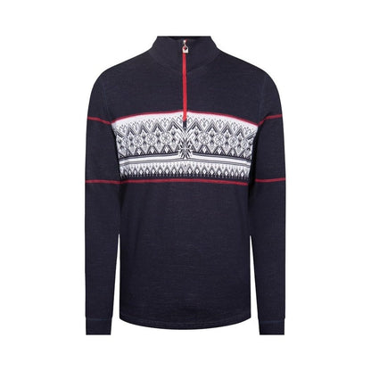 A front view of the Dale Of Norway Moritz Masc Basic Sweater-SAMPLE in NavyWhtRaspberr with a red zipper and patterned chest panel against a white background.