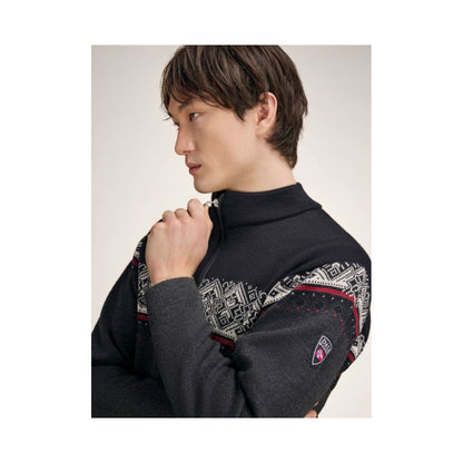 Side view of the Dale Of Norway Moritz Masc Jacket-SAMPLE in Charcoal/Graphite showing the patterned sleeve and model wearing it against a neutral background.