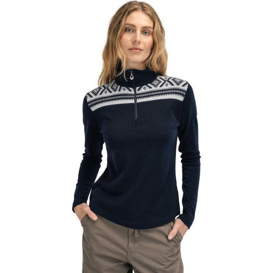 A front view of the Dale Of Norway Women's Cortina Basic Sweater in Navy Off White with a patterned yoke, shown on a model against a white background.