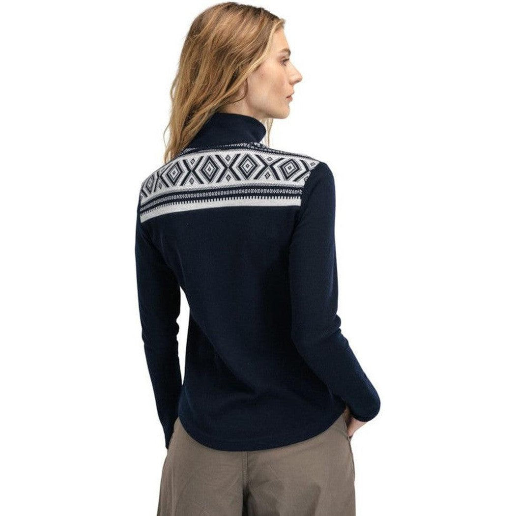 Back view of the Dale Of Norway Women's Cortina Basic Sweater in Navy Off White on a model against a white background.