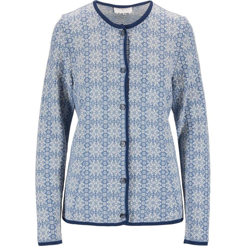A front view of the Dale Of Norway Women's Othelie Jacket in Blueshadow Offwhite showing the button front and pattern against a white background.