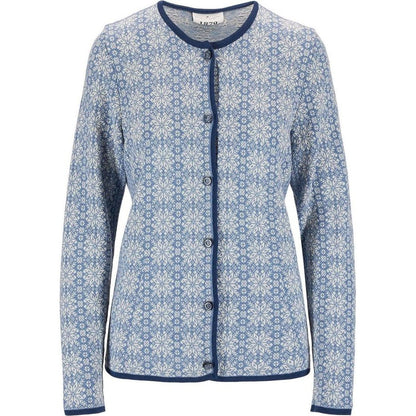 A front view of the Dale Of Norway Women's Othelie Jacket in Blueshadow Offwhite showing the button front and pattern against a white background.