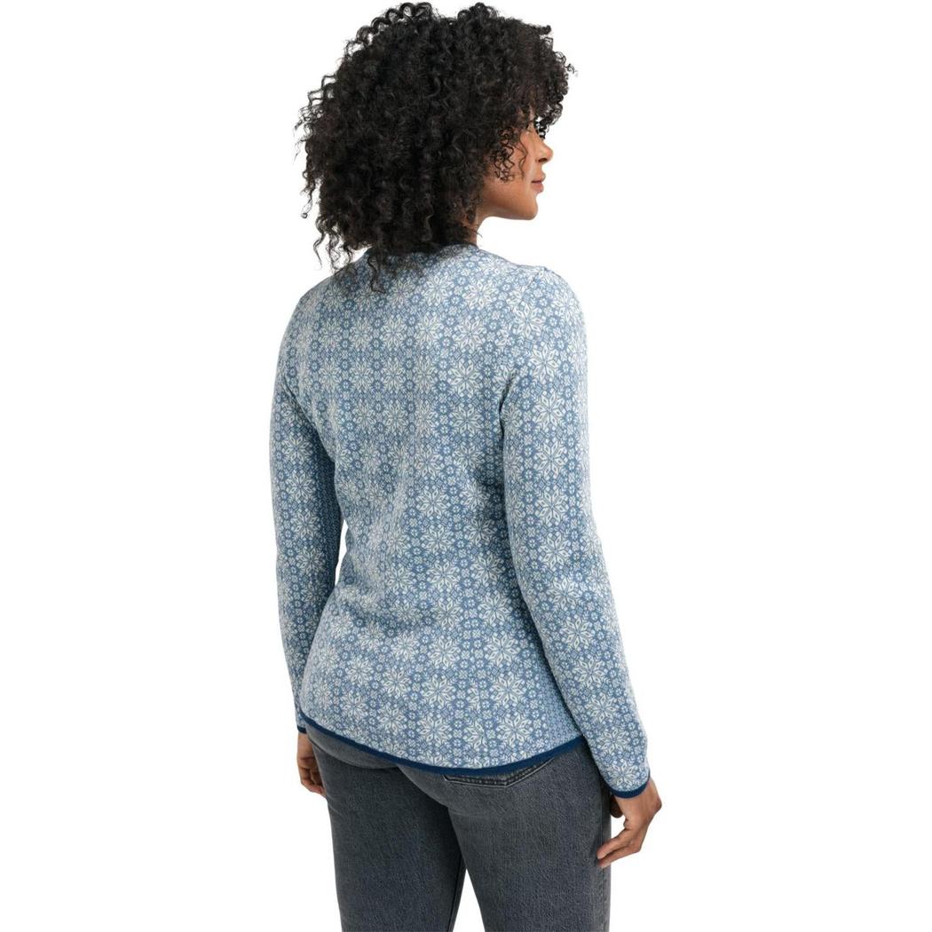 Back view of the Dale Of Norway Women's Othelie Jacket in Blueshadow Offwhite on a model against a white background.