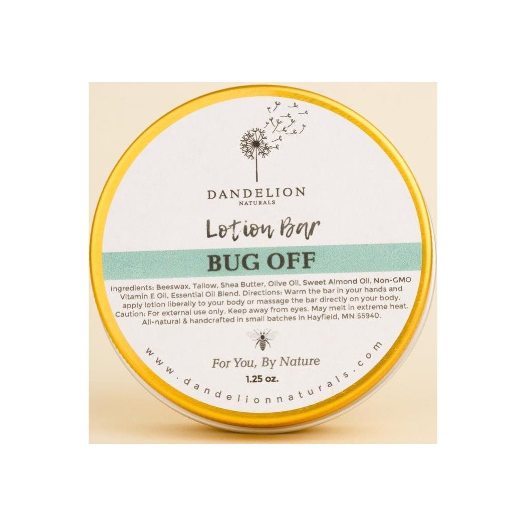 A round Dandelion Naturals Lotion Bar in a yellow rimmed tin with a dandelion logo and "Bug Off" text on the label.