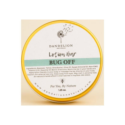 A round Dandelion Naturals Lotion Bar in a yellow rimmed tin with a dandelion logo and "Bug Off" text on the label.