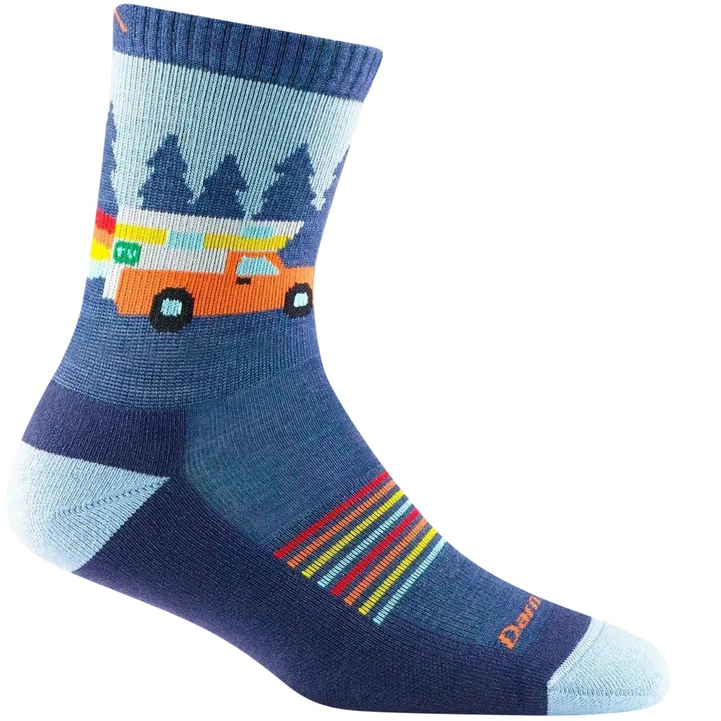 A side view of the Darn Tough Kid's Wild Micro Crew Lightweight with Cushion socks in Denim showing the colorful stripe detail on the foot and the orange van graphic on the calf.