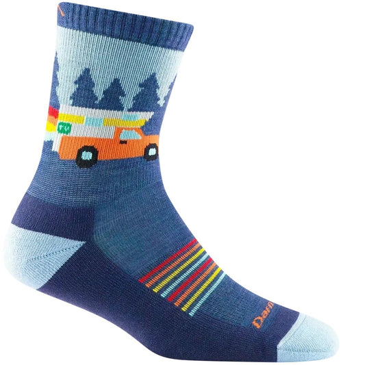 A side view of the Darn Tough Kid's Wild Micro Crew Lightweight with Cushion socks in Denim showing the colorful stripe detail on the foot and the orange van graphic on the calf.