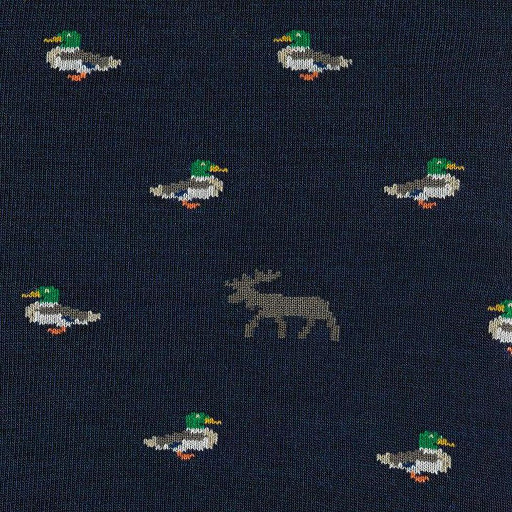 A close-up of the Darn Tough Men's Duck Duck Moose Crew Lightweight with Cushion socks in Eclipse color, showing the moose and duck patterns on a dark background.