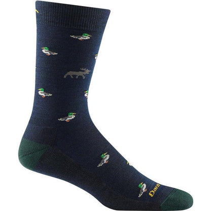 Side view of the Darn Tough Men's Duck Duck Moose Crew Lightweight with Cushion socks in Eclipse showing the moose and duck pattern against a white background.