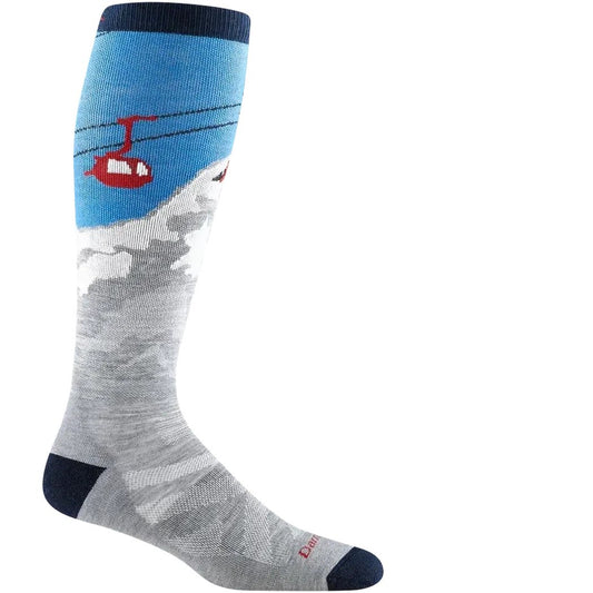 A side view of the Darn Tough Men's Heady Yeti OTC Midweight with Cushion gray socks showing a ski lift graphic on a blue top section against a white background.