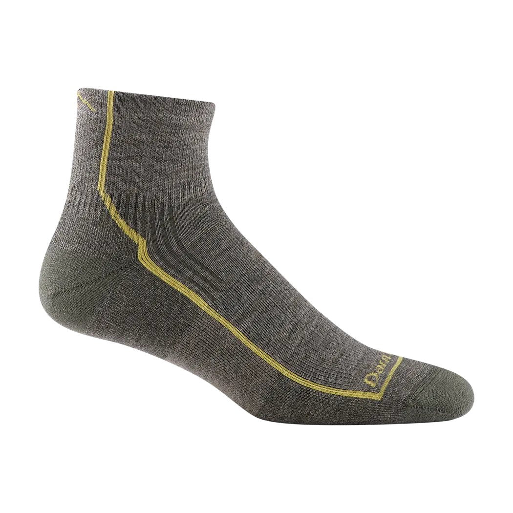 Side view of the Darn Tough Men's Hiker 1/4 Midweight with Cushion sock in Onyx Black showing the yellow stitching and cushioned footbed against a white background.
