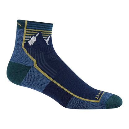 A side view of the Darn Tough Men's Hiker 1/4 Midweight with Cushion sock in Onyx Black, showing the mountain graphic and cushioned footbed against a white background.