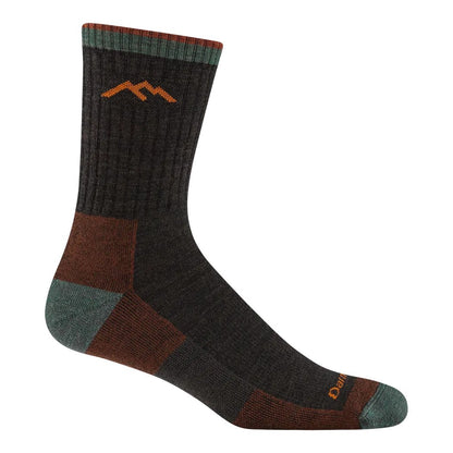 Side view of the Darn Tough Men's Hiker Micro Crew Midweight with Cushion socks in Black showing the mountain logo and cushioned footbed against a white background.