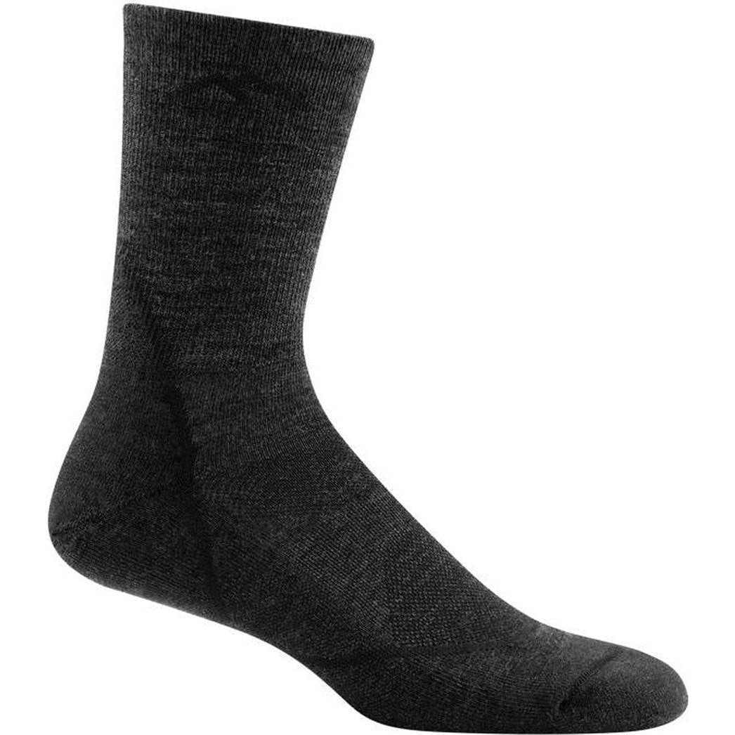 Side view of the Darn Tough Men's Light Hiker Micro Crew Lightweight with Cushion in Black against a white background.