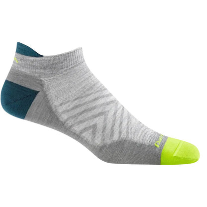 A side view of the Darn Tough Men's Run No Show Tab Ultra-Lightweight Running Socks in Gray with a bright yellow toe and dark blue heel against a white background.
