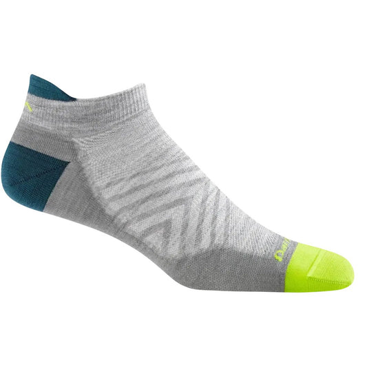 A side view of the Darn Tough Men's Run No Show Tab Ultra-Lightweight Running Socks in Gray with a bright yellow toe and dark blue heel against a white background.