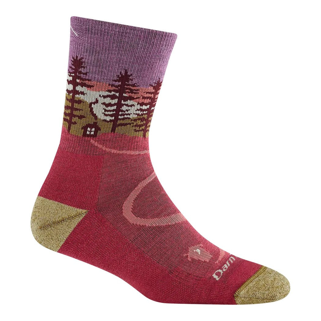 A side view of the Darn Tough Northwoods Micro Crew Midweight with Cushion Earth socks showing the forest scene on the cuff and gold toe and heel against a white background.