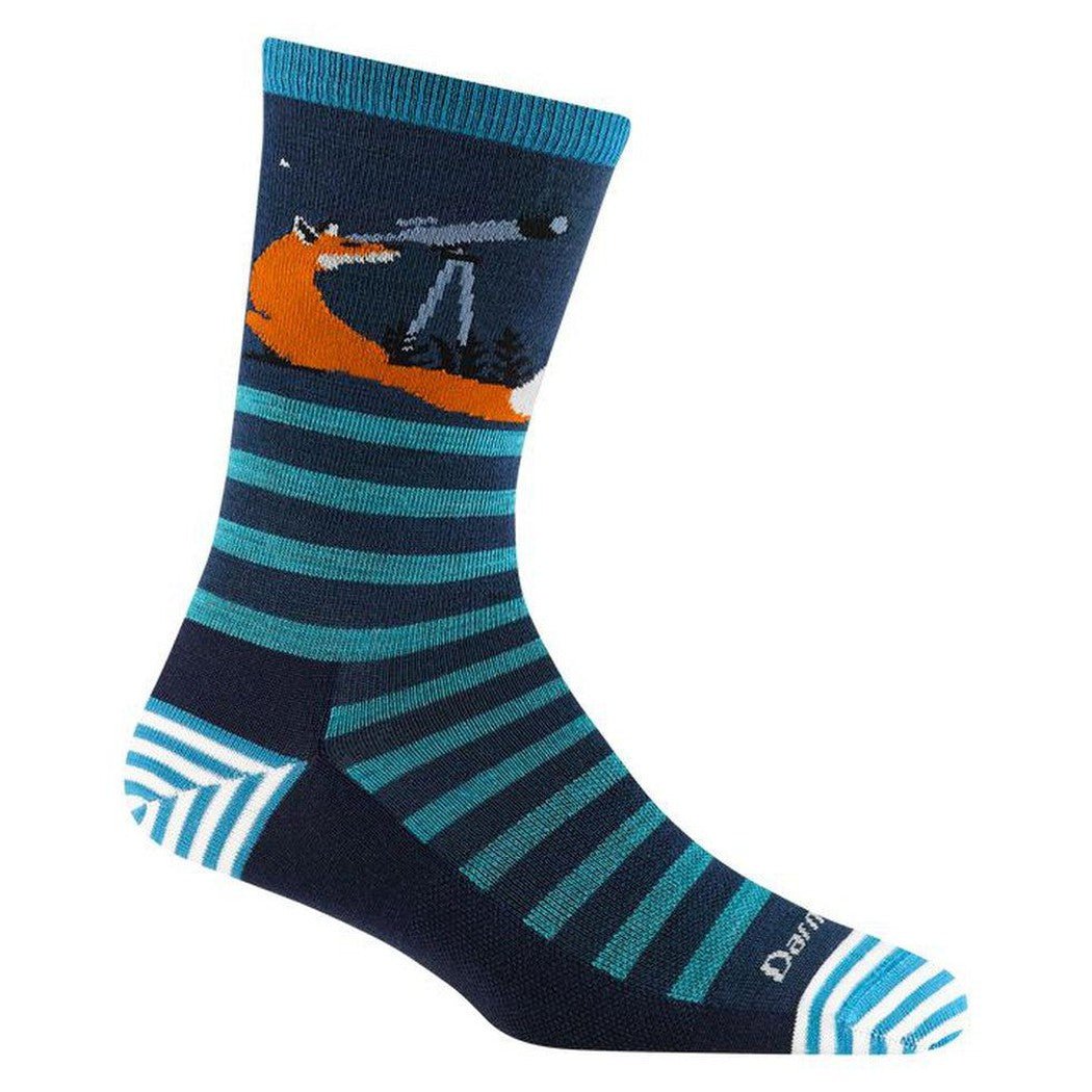 A side view of the Darn Tough Women's Animal Haus Crew Lightweight socks in Bunny Blue showing the fox graphic and striped pattern against a white background.