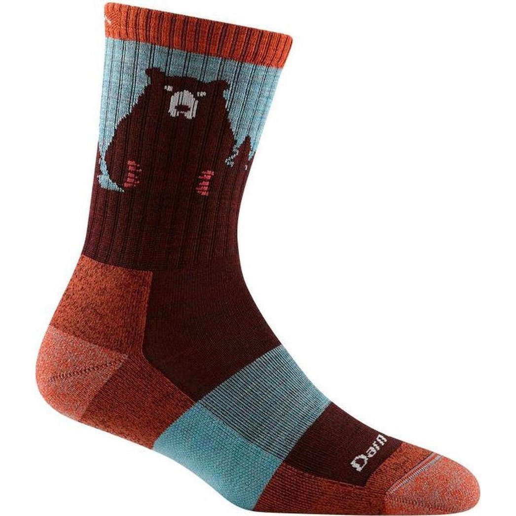 Side view of the Darn Tough Women's Bear Town Micro Crew Lightweight with Cushion socks in Aqua showing the bear graphic and white background.