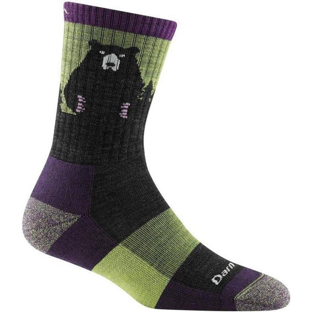 Side view of the Darn Tough Women's Bear Town Micro Crew Lightweight with Cushion sock showing the bear graphic and purple cuff against a white background.