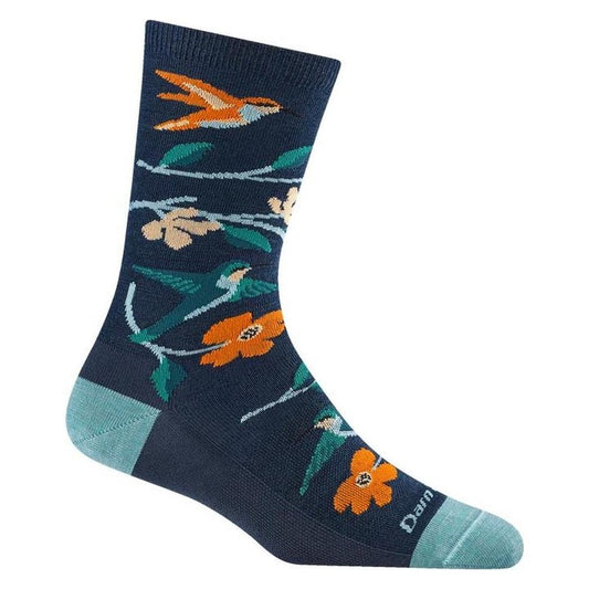 Side view of the Darn Tough Women's Birds Of A Feather Crew Lightweight Lifestyle Socks in Midnight showing the colorful bird and flower design against a white background.
