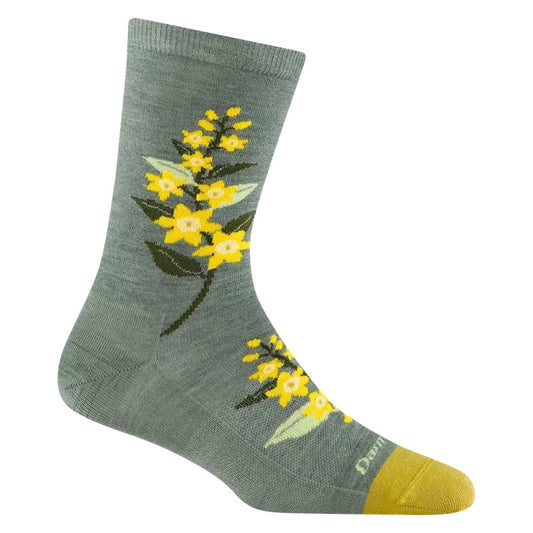 Side view of the Darn Tough Women's Blossom Crew Lightweight socks in Seafoam with yellow flowers and a yellow toe, against a white background.
