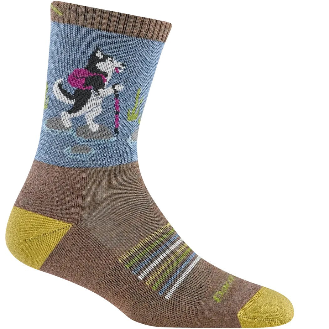 A side view of the Darn Tough Women's Critter Club Micro Crew Lightweight with Cushion socks in Bark showing the husky hiking design and colorful toe and heel accents.