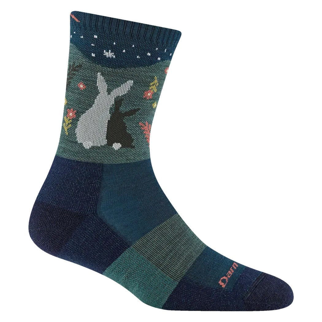 A side view of the Darn Tough Women's Critter Club Micro Crew Lightweight with Cushion socks in Bark showing the bunny design and dark blue toe and heel against a white background.