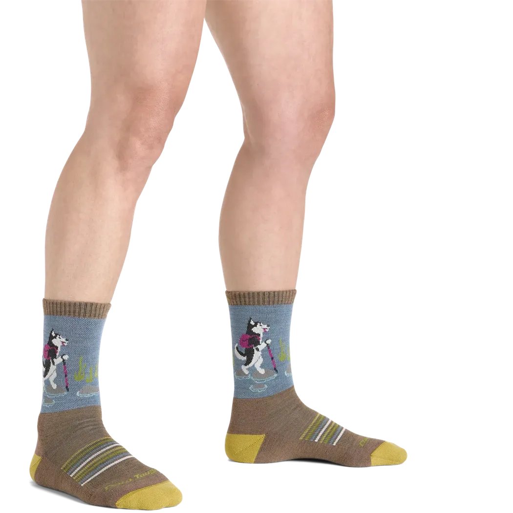 Side view of the Darn Tough Women's Critter Club Micro Crew Lightweight with Cushion socks in Bark showing the husky design on a white background.