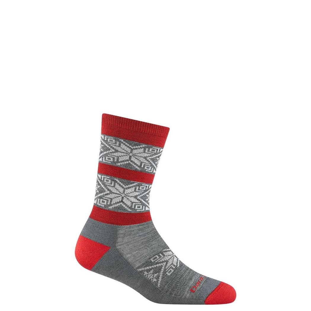 Side view of the Darn Tough Women's Elsa Crew Lightweight Lifestyle Socks in Gray with red accents and a patterned design against a white background.