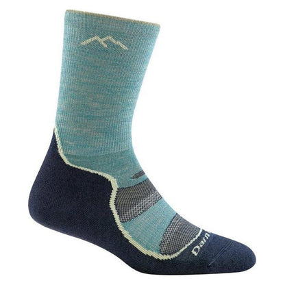 Side view of the Darn Tough Women's Light Hiker Micro Crew Lightweight with Cushion in Slate showing the cushioned footbed and mountain logo against a white background.