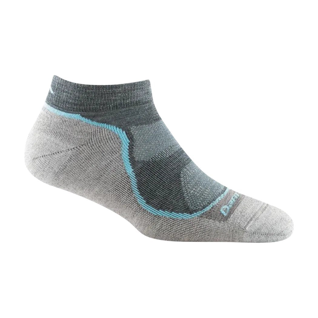 A side view of the Darn Tough Women's Light Hiker No Show Lightweight with Cushion in Slate showing the cushioned footbed against a white background.