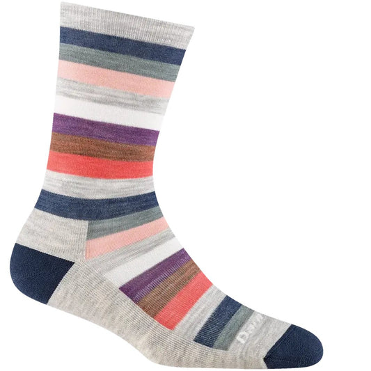Side view of the Darn Tough Women's Mystic Stripe Crew Lightweight Lifestyle Sock in Ash showing the colorful stripes against a white background.