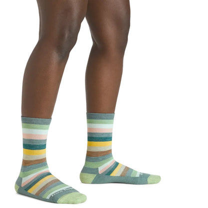 Side view of the Darn Tough Women's Mystic Stripe Crew Lightweight Lifestyle Sock in Ash showing the colorful stripes against a white background.