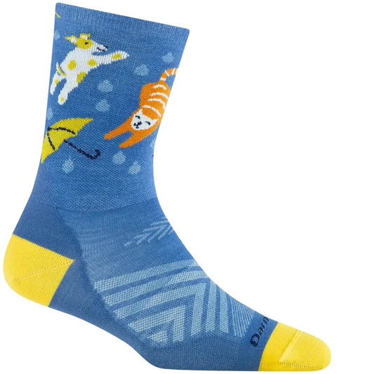 A side view of the Darn Tough Women's Ruff Weather Micro Crew Ultra-Lightweight Running Socks in Storm color showing cartoon animals and a yellow toe and heel against a white background.