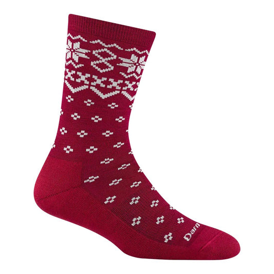 Side view of the Darn Tough Women's Shetland Crew Lightweight with Cushion in Burgundy showing the pattern and cushioned footbed against a white background.