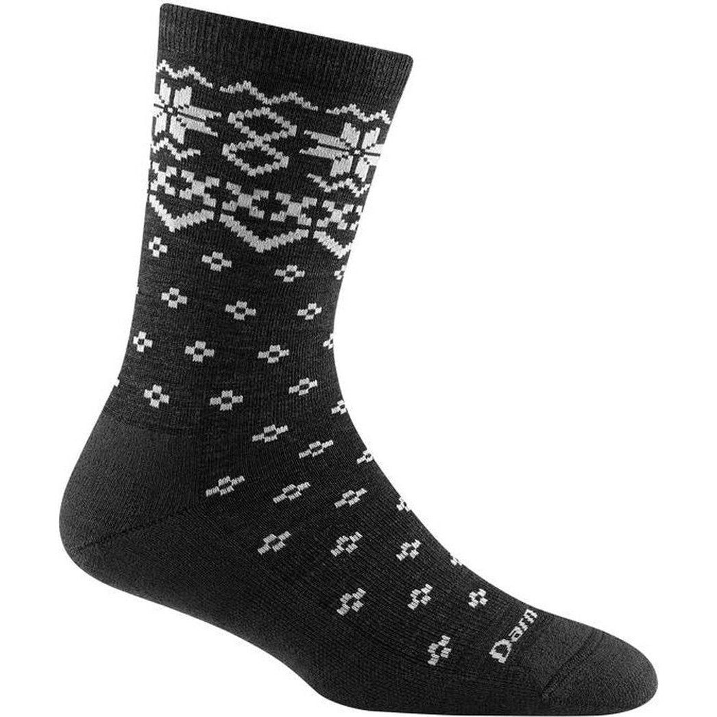 A side view of the Darn Tough Women's Shetland Crew Lightweight with Cushion socks in Burgundy showing the patterned design against a white background.